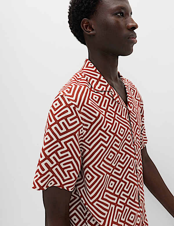 Easy Iron Linen Blend Geometric Short Sleeve Shirt