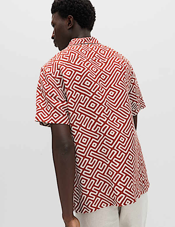 Easy Iron Linen Blend Geometric Short Sleeve Shirt