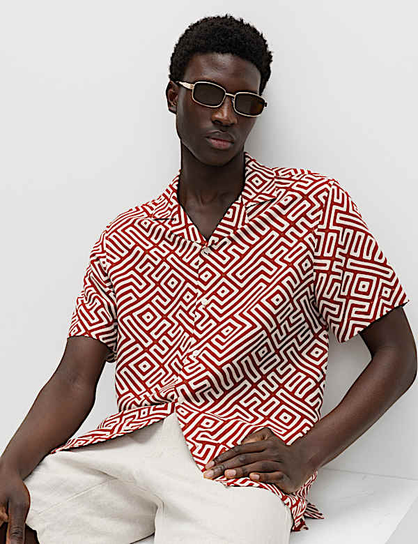 Easy Iron Linen Blend Geometric Short Sleeve Shirt