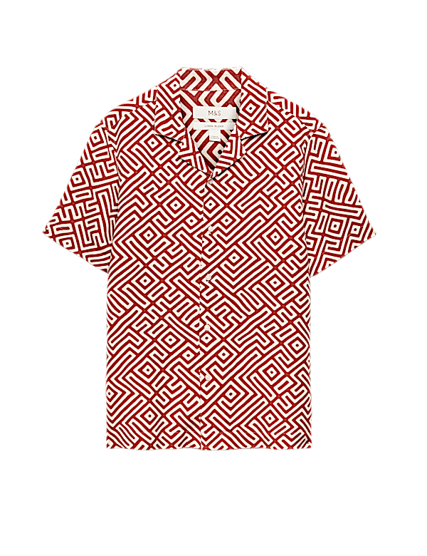 Easy Iron Linen Blend Geometric Short Sleeve Shirt