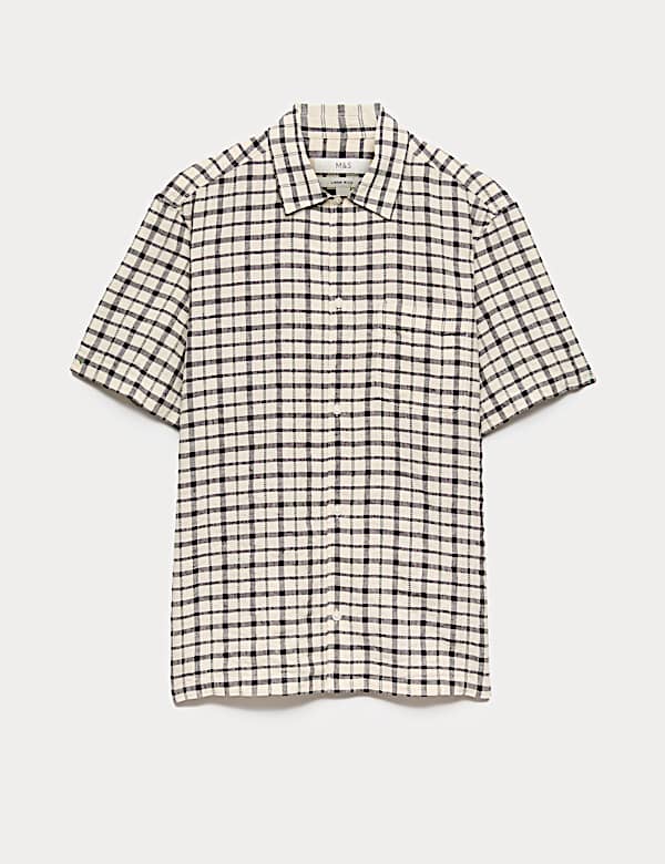 Chemise &agrave; manches courtes en lin &agrave; carreaux - CH