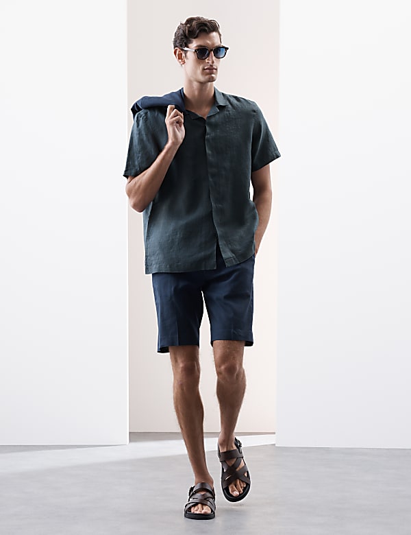 Hemd aus reinem Leinen mit kubanischem Kragen und Fischgrätmuster - AT