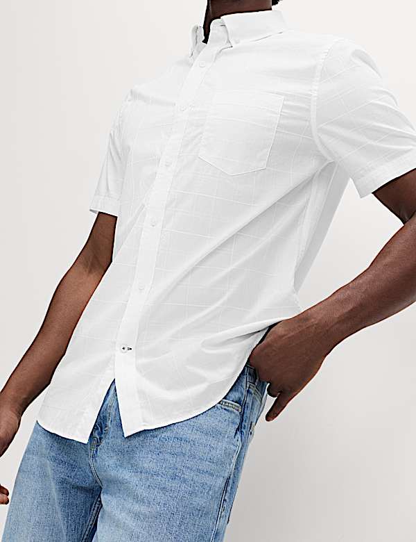 חולצת משבצות קלה לגיהוץ מכותנה טהורה בגזרה ישרה עם שרוול קצר - IL