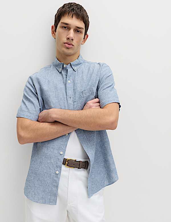 Regular Fit Kurzarm-Hemd mit hohem Leinenanteil - AT