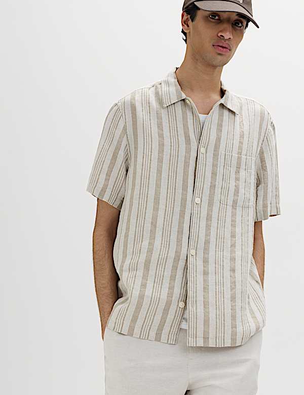 Relaxed Fit Linen Rich Striped Short Sleeve Shirt