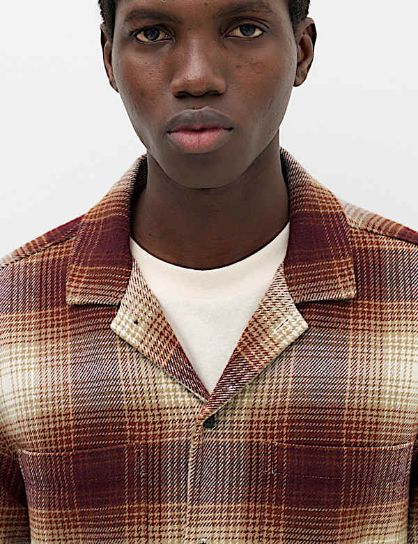 Pure Cotton Checked Revere Collar Flannel Shirt - AL