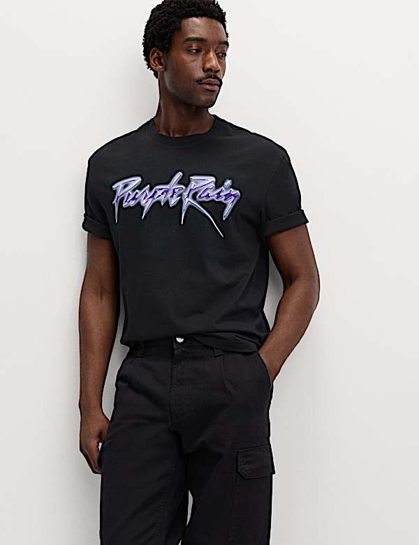 חולצת טי מכותנה טהורה עם הדפס גרפי Purple Rain - IL