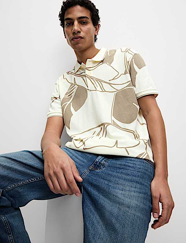 Pure Cotton Exploded Palm Print Polo Shirt