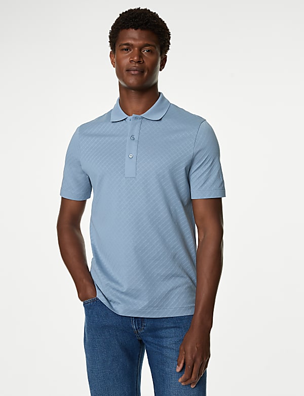 Pure Cotton Textured Polo Shirt SMOKEY BLUE Polo Shirts M S JO