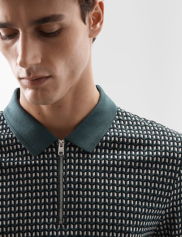 Cotton Rich Geometric Half Zip Polo Shirt