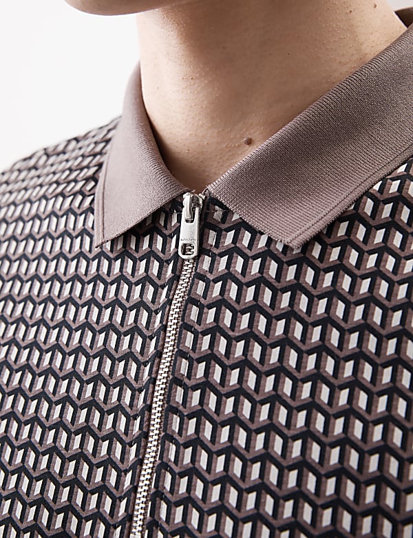 Cotton Rich Geometric Half Zip Polo Shirt - ID