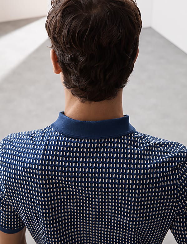 Cotton Rich Geometric Half Zip Polo Shirt