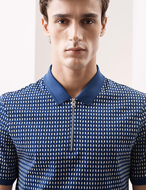 Cotton Rich Geometric Half Zip Polo Shirt