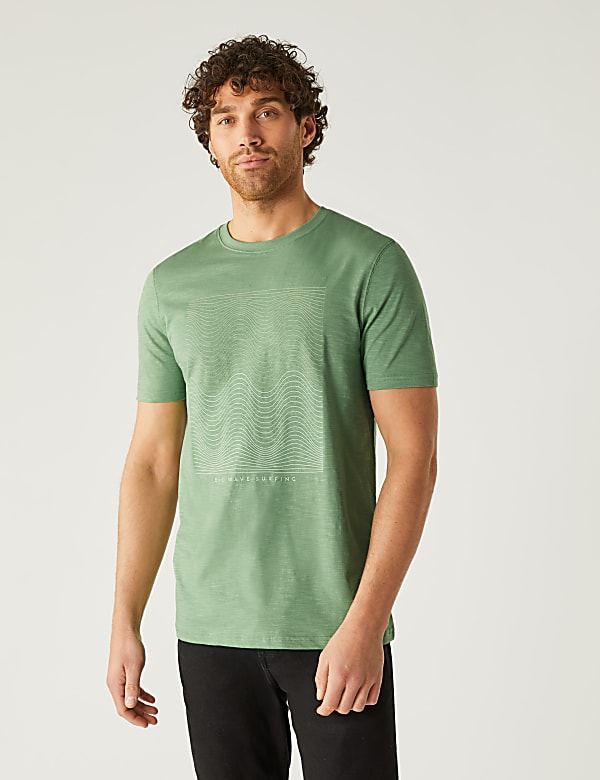 Pure Cotton Wave Graphic Crew Neck T-Shirt - ID