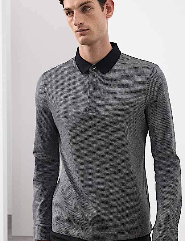 Pure Cotton Textured Long Sleeve Polo Shirt - CA