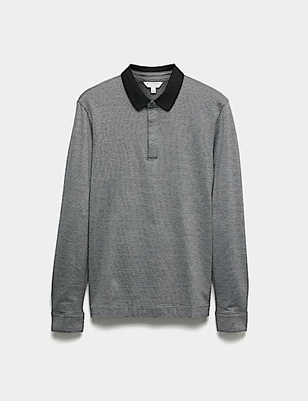 Pure Cotton Textured Long Sleeve Polo Shirt - CA
