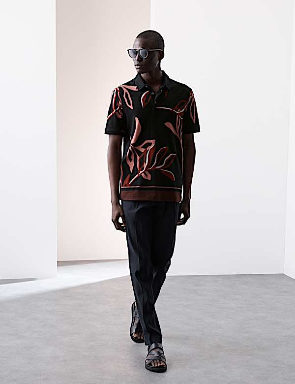 Linen Blend Floral Print Polo Shirt - BN