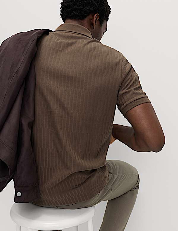 Cotton Rich Jacquard Zip Up Polo Shirt