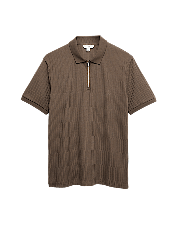 Cotton Rich Jacquard Zip Up Polo Shirt