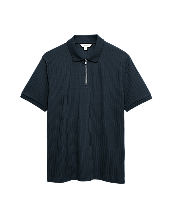 Cotton Rich Jacquard Zip Up Polo Shirt