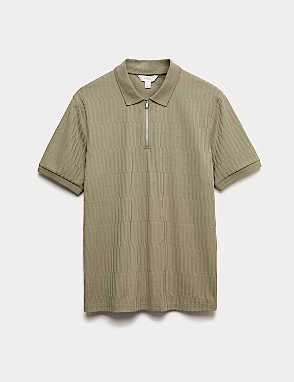 Cotton Rich Jacquard Zip Up Polo Shirt - US