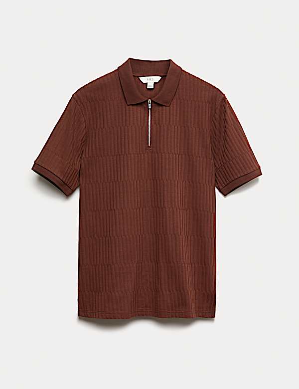 Cotton Rich Jacquard Zip Up Polo Shirt - IL
