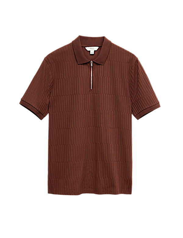 Cotton Rich Jacquard Zip Up Polo Shirt