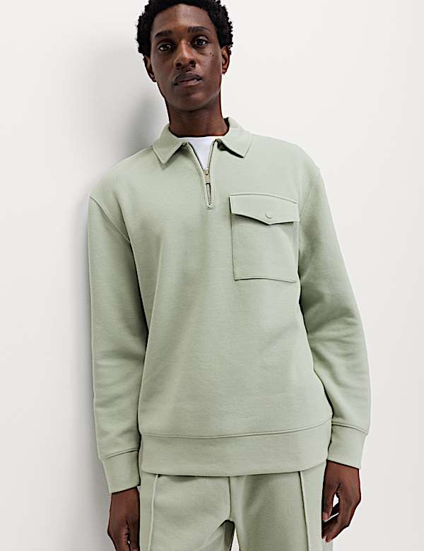 Cotton Blend Pique Half Zip Top