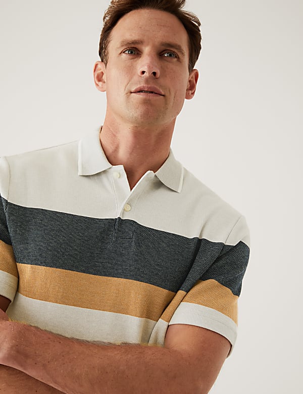 Pure Cotton Double Knit Striped Polo Shirt