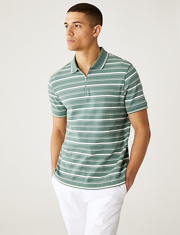 Pure Cotton Striped Half Zip Polo Shirt - DK