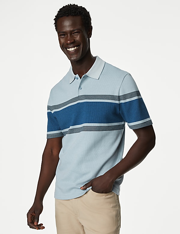 Pure Cotton Striped Double Knit Polo Shirt