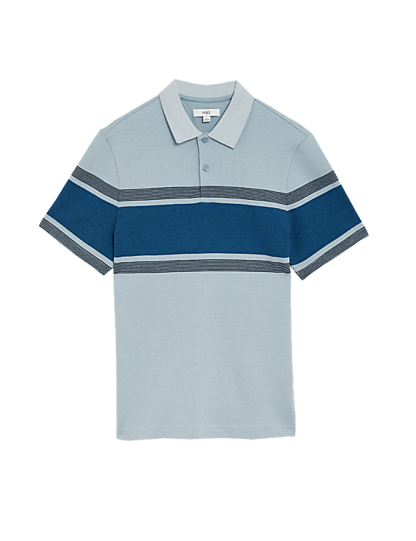 Pure Cotton Striped Double Knit Polo Shirt