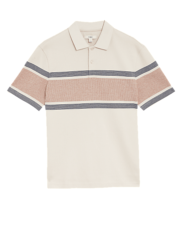 Pure Cotton Striped Double Knit Polo Shirt