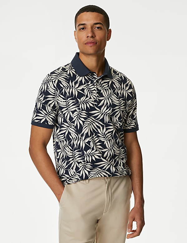 Pure Cotton Leaf Print Polo Shirt - VN