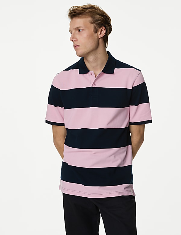 Pure Cotton Striped Pique Polo Shirt PINK MIX Polo Shirts M S GR