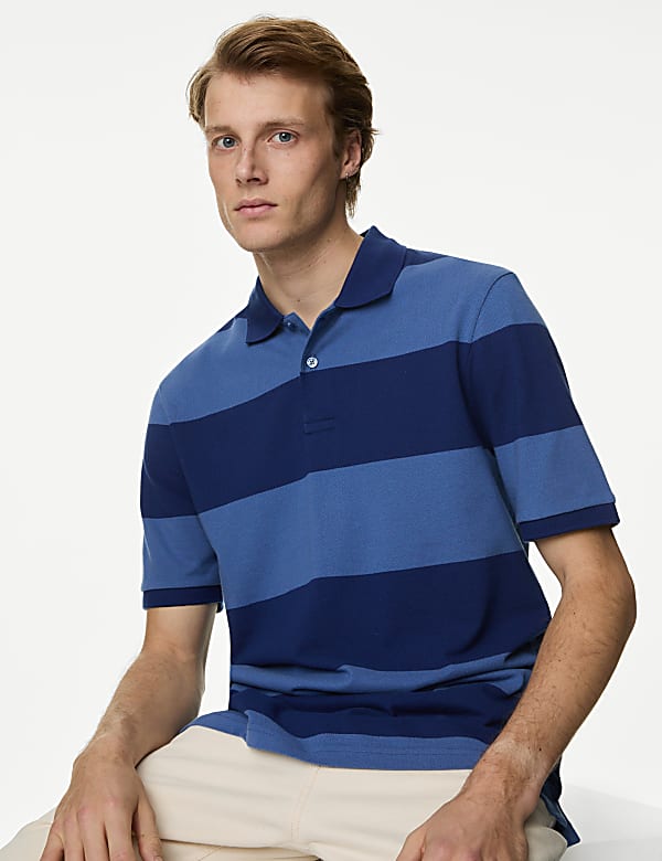 Pure Cotton Striped Pique Polo Shirt - GR