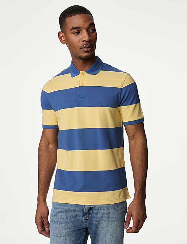 Pure Cotton Striped Pique Polo Shirt - CA