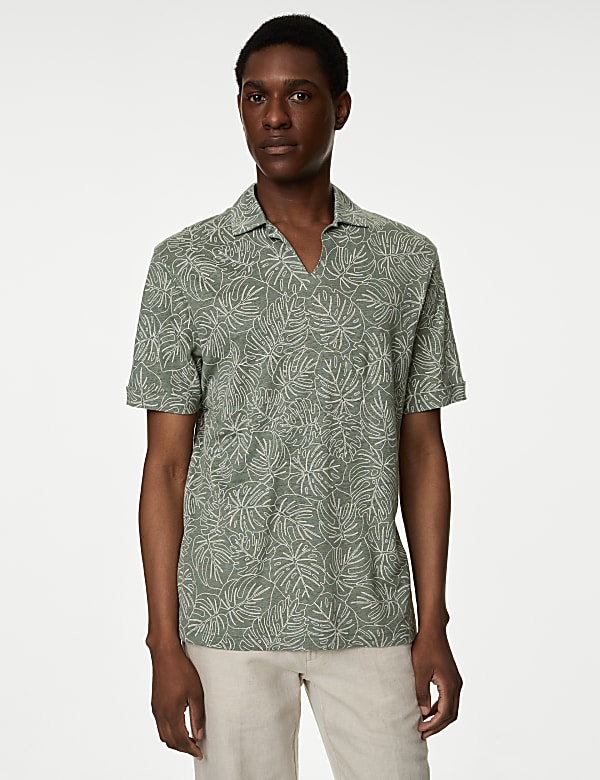 Pure Linen Leaf Print Polo Shirt