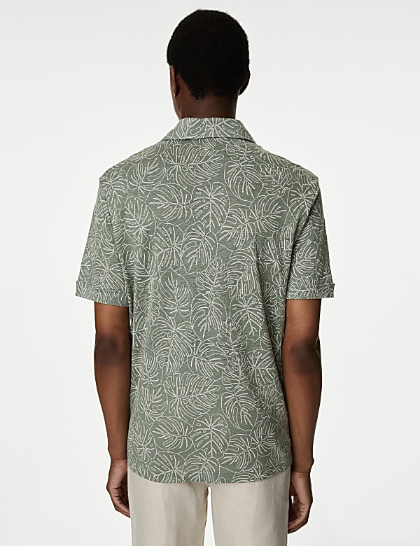 Pure Linen Leaf Print Polo Shirt