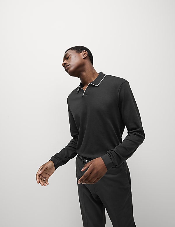 Pure Cotton Tipped Long Sleeve Polo Shirt