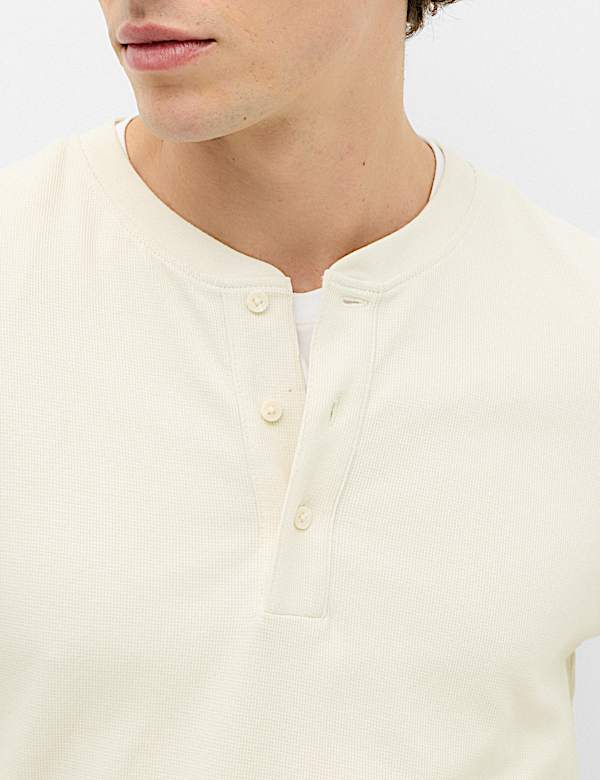 Cotton Rich Waffle Henley Long Sleeve T-Shirt - KG