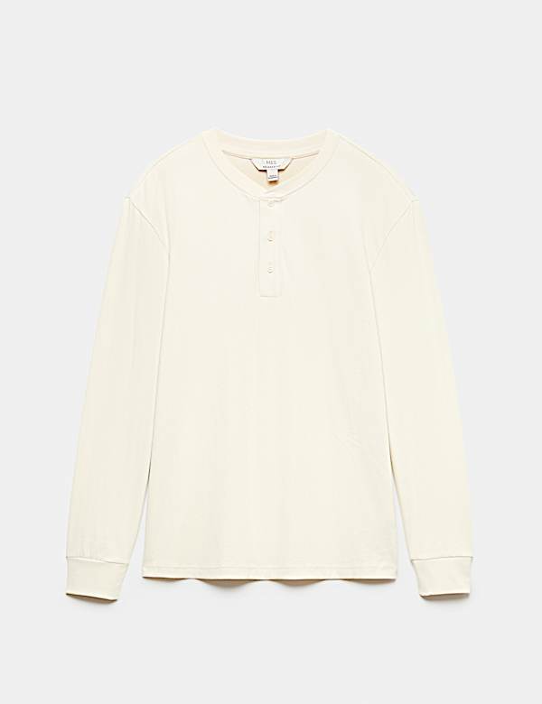 Cotton Rich Waffle Henley Long Sleeve T-Shirt - KG
