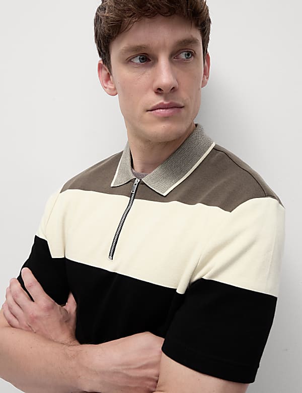 Pure Cotton Colour Block Half Zip Polo