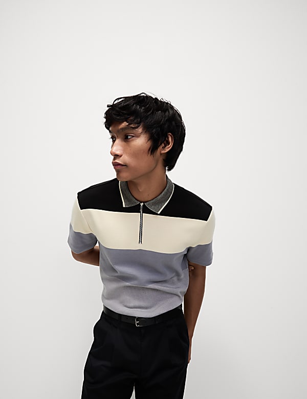 Pure Cotton Colour Block Half Zip Polo