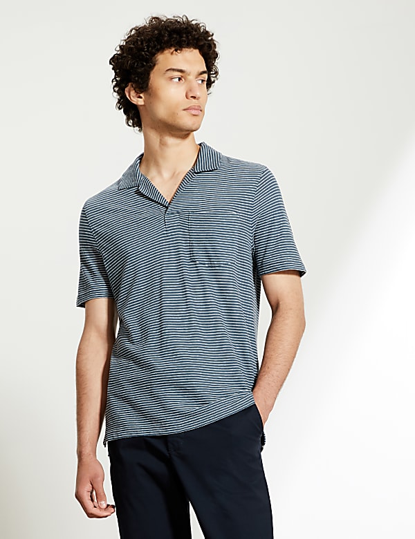 Cotton And Linen Striped Open Collar Polo Shirt