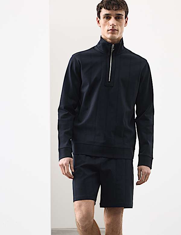 Pure Cotton Textured Striped Half Zip Jacket