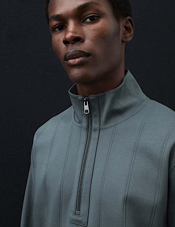 Pure Cotton Drop Needle Striped Half Zip Jacket