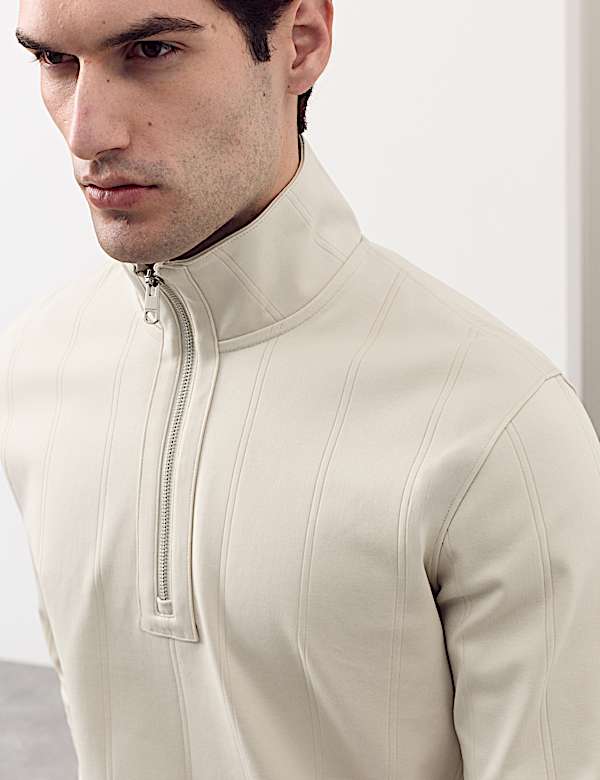 Pure Cotton Drop Needle Striped Half Zip Jacket - IT