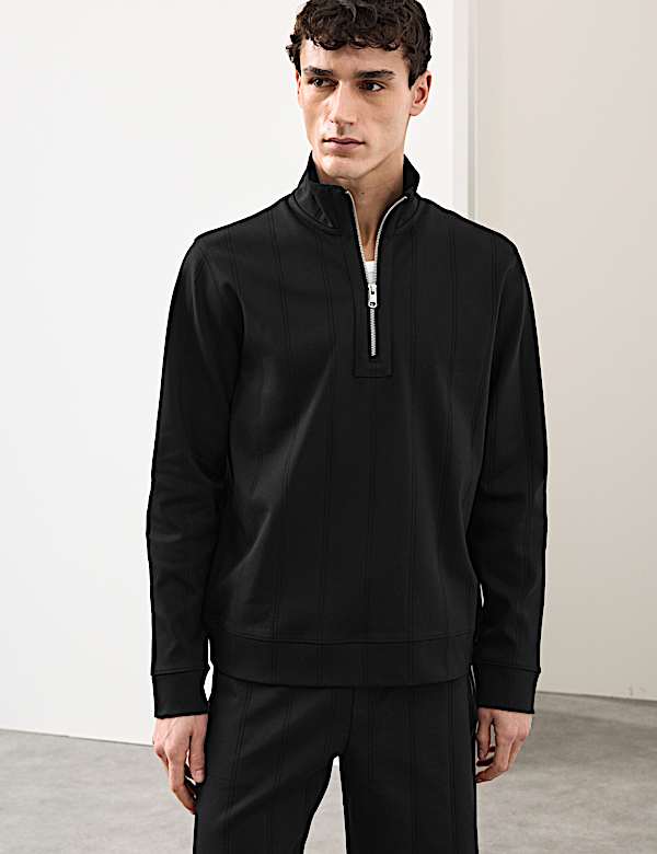 Pure Cotton Textured Striped Half Zip Jacket