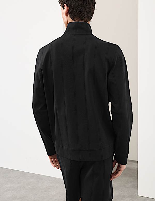 Pure Cotton Textured Striped Half Zip Jacket